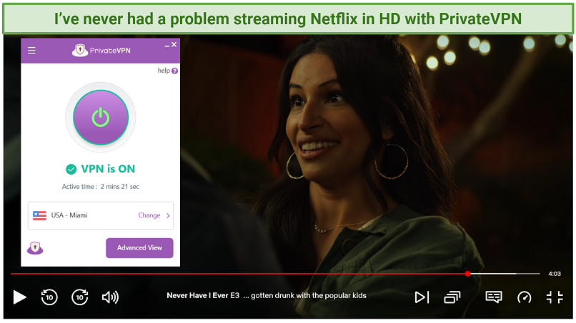 Streaming Netflix in HD from the US while connected to PrivateVPN's Miami server